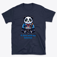 Panda's Date Basic T-Shirt - Gaming Panda in Blue Jacket with Red Bow Tie Design